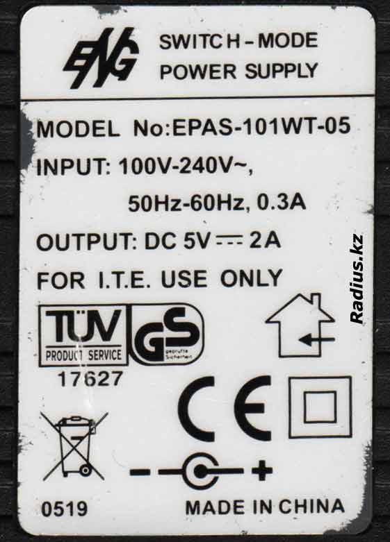 EPAS-101WT-05 блок питания на 5V 2A обзор