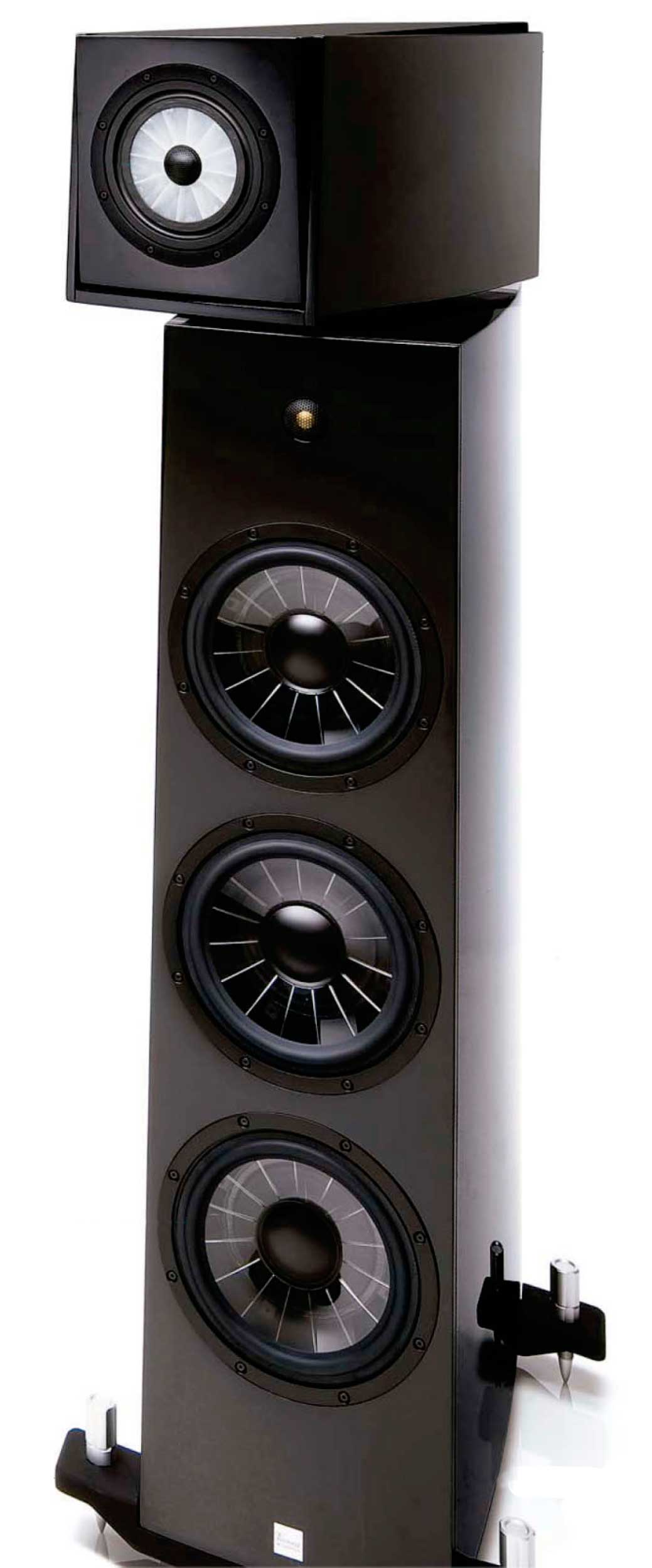 The lower three woofers cover the 22-to-100-hertz range, with the lower two operating in parallel